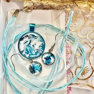 Hand Painted Pendant Necklace and Earring Set, Blue Steel and Glass Wearable Art